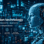 Futuristic banner showing a humanoid robot with glowing circuits in a high-tech digital environment, surrounded by data dashboards and holographic interfaces, with the text “BS Information Technology” and icons representing cloud solutions, cybersecurity, AI & data analytics, and software development.